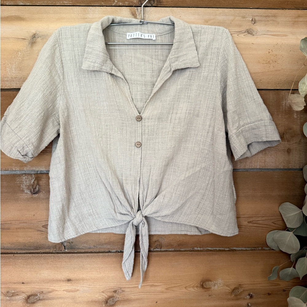 Casual Beige Linen Button-Down Tie-Front Top